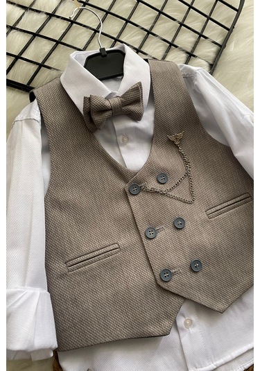 Zincir Detay Çift Düğmeli Erkek Çocuk Takım Elbise Gri Gri