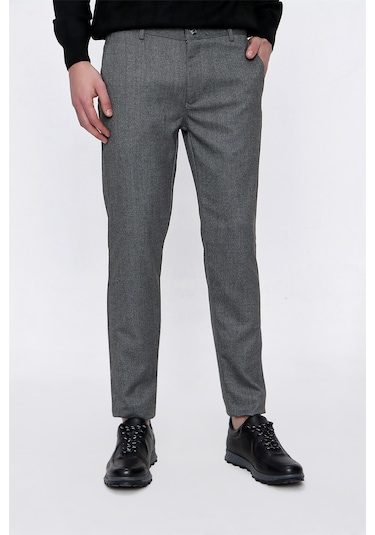 MORVEN  Erkek Gri Poliviskon Desenli Slim Fit Pantolon