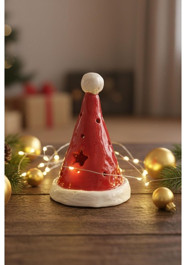 Noel Şapka Seramik Mumluk- Küçük Çok Renkli