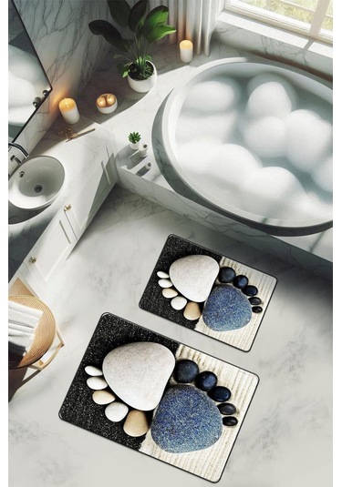 Yıkanabilir Kaymaz Tabanlı Modern Desenli 2'li Banyo Paspas Takımı Bps0035 Renkli