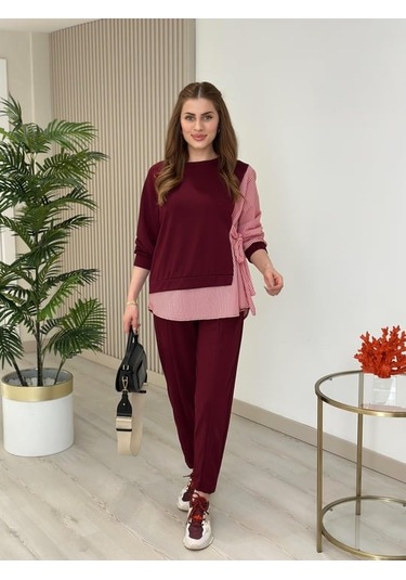 Kadın Gömlek Detay Çizgili Yandan Bağlamalı Ikili Takım Bordo