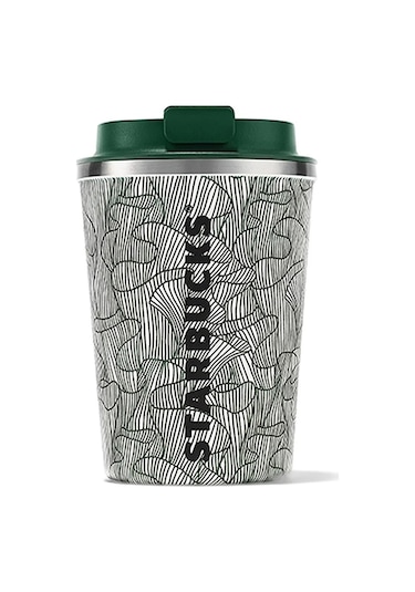 Starbucks Çizgi Desenli Yeşil-Beyaz Paslanmaz Çelik Termos 355ml