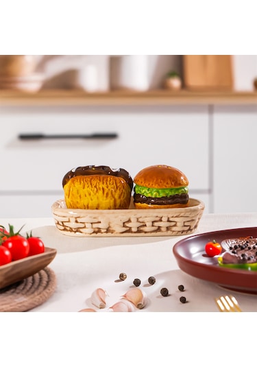 Porsima Mıo-038 Hamburger Motifli 2 Li Standlı Porselen Tuzluk Biberlik Seti Çok Renkli