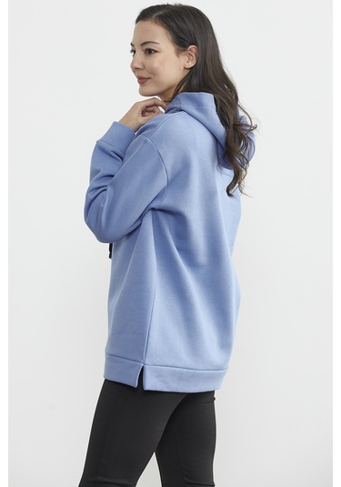 Kapüşonlu İçi Pamuklu Kalın Sweatshirt - Mavi Ekru