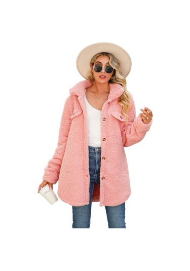 Sonbahar Ve Kış Kadın Ceket Yaka Uzun Kollu Gevşek Düğmeler Sahte Cepler Demir Olmayan Uzun Peluş Ceket Kayısı Açık Bej
