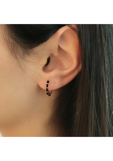 Baget Bayan Gümüş Küpe Siyah Taşlı Halka Rose S