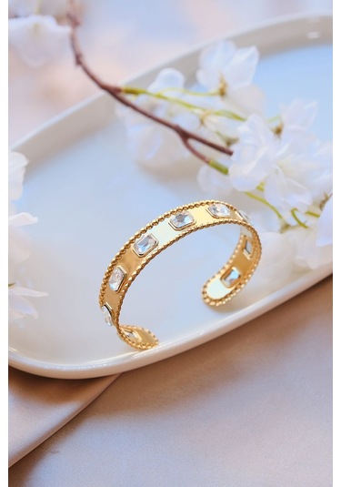 Gold Vintage Baget Zirkon Taşlı Çelik Kelepçe Bileklik Gold