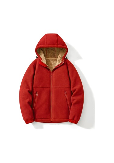 Erkek Sonbahar Ve Kış Kapşonlu Kuzu Derisi Kalın Sıcak Ceket Kırmızı