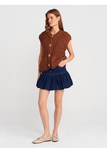 Dilvin 60961 Bisiklet Yaka Yumuşak Dokulu Cepli Düğmeli Triko Yelek-karamel Karamel