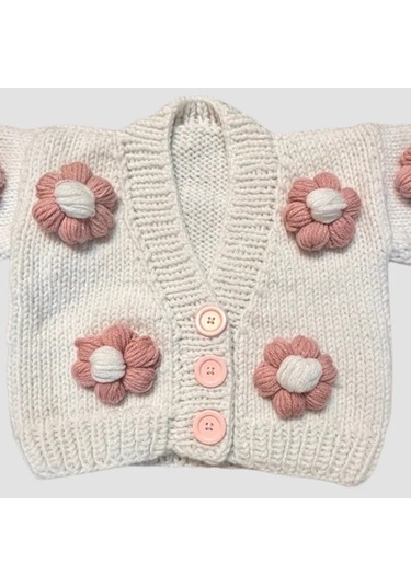 Uretti - Gülnur 2184 - El Örgüsü Gül Kurusu Çiçekli Kız Çocuk Hırka 4 Yaş - Beyaz Beyaz