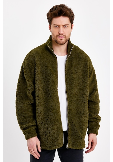 JAHR MARC Fermuarlı Oversize Yeşil Peluş Ceket - M Yeşil