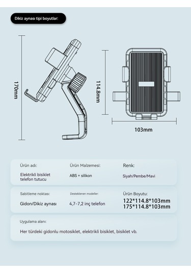 Elektrikli Bisiklet Telefon Tutacağı, Motosiklet Navigasyon Tutacağı, Araç İçi Telefon Tutacağı Blue
