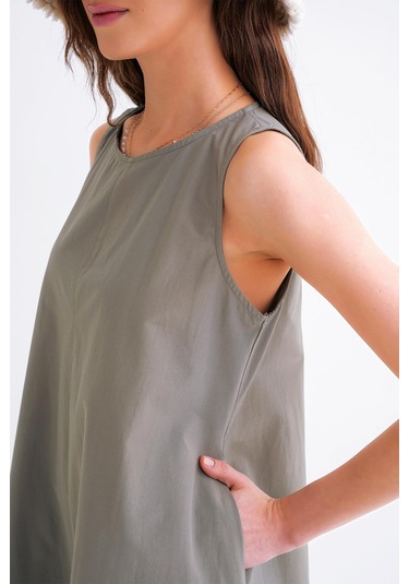 4690 Kadın Bisiklet Yaka Sıfır Kol Midi Paraşüt Elbise Haki Haki