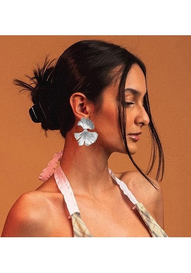 Ginkgo Yaprağı Çiçek Küpeleri, Altın Geometrik Gösterişli Küpe Silver