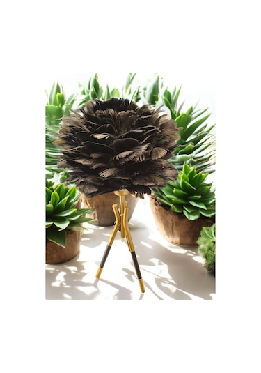 Tüylü Dekoratif Tripotlu 3'lü Ayaklı Abajur - Siyah Siyah