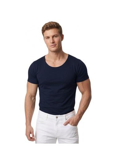 Deepsea Erkek Lacivert Geniş Yaka Likralı Tişört Oval Yaka Slim Fit Eteği Oval Açık Yaka T-shirt 1801199 Lacivert