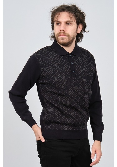 Ateş Triko Erkek Cep Detaylı Polo Yaka Desenli Yün Kazak 6092097 Lacivert