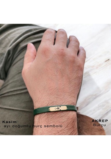 Archin Akrep Burçlarına Dikdörtgen Motifli Yeşil Derili 14 Ayar Altın Plakalı Hediye Bileklik-371burç Akrep