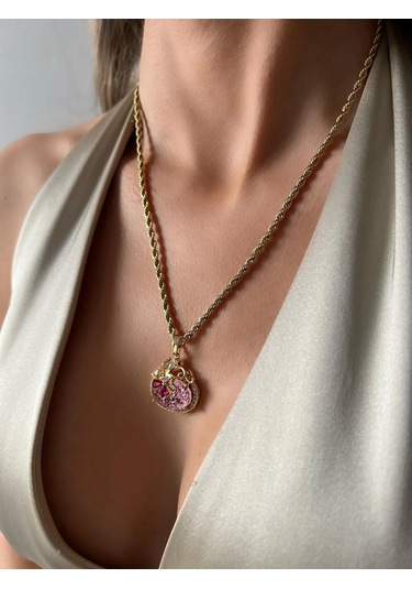 Pembe Taşlı Bombeli Çelik Kolye Çok Renkli