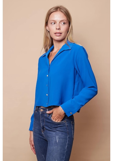 Kadın Likrasız Şık Kumaş Yakalı Uzun Kol Kısa Gömlek-Sax Sax