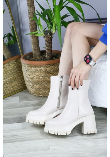 Asmi Shoes Kadın Leysi 8 Cm Platformlu Topuklu Fermuarlı Bot Krem Krem