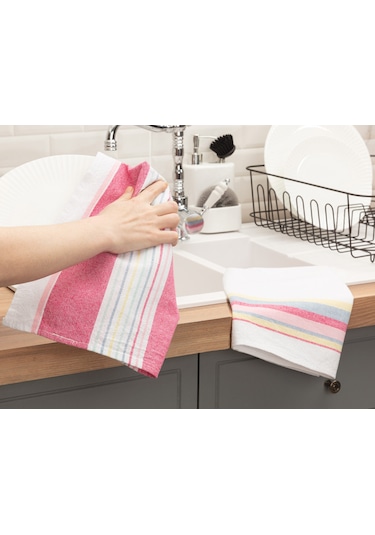 Madame Coco Jeanne 2'Li Yıkamalı Mutfak Havlu Seti - Beyaz / Pembe