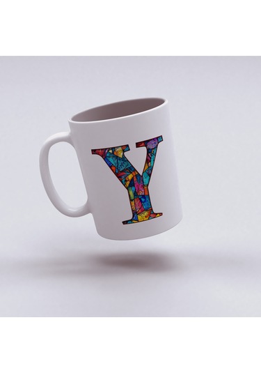Y Harfi Bardak 330 Ml İsme/harfe Özel Hediye, Renkli Harf Tasarım Beyaz