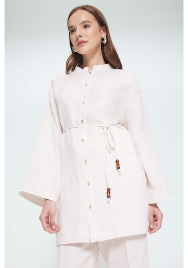 Defacto %100 Keten Regular Fit Bağcıklı Uzun Kollu Gömlek Tunik D4394ax25smer42 Ekru