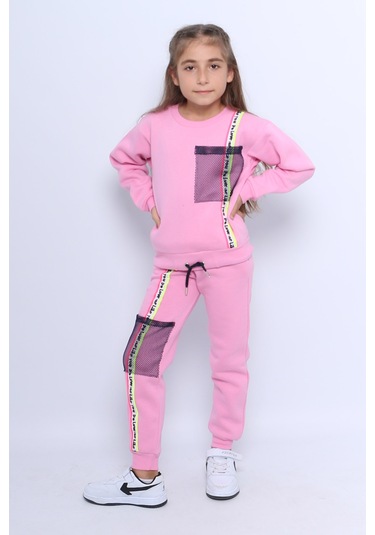 Kız Çocuk 3 İplik Eşofman Takımı Baskılı Cep Detaylı D27 Pembe