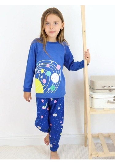 Kız Çocuk Pamuklu Gezegen Baskılı Pijama-15272 Lacivert