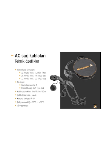 Weidmüller 279130000 2 Tarafı 2 Soketli Düz 7.5 M Tip Elektrikli Araç Şarj Kablosu