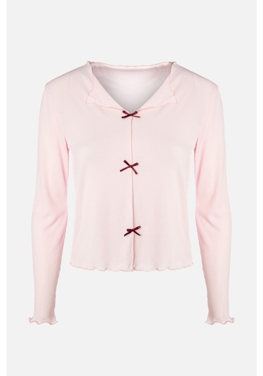 Kadın Pamuklu Çıtır Çiçek Desenli Baby Overloklu Fiyonk Detaylı Uzun Kollu Pijama Takımı Çok Renkli