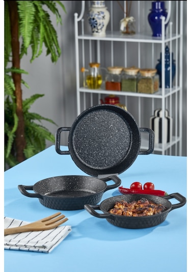 Leony 3 Parça Sahan Tava Seti 18 Cm-20 Cm-22 Cm Siyah Döküm Granit Kapl