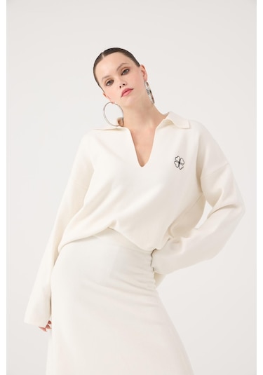 Holly Lolly Oversize Kesim Polo Yaka Zoi Triko Kazak Beyaz
