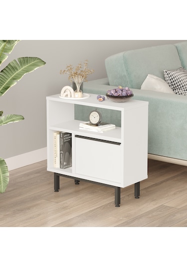 Robin Home Lidya Yan Sehpa Komodin Kapaklı Metal Ayaklı Beyaz