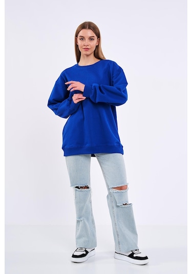 Comeor Saks Kadın Pamuklu Oversize Basic Bisiklet Yaka Sweatshirt 001