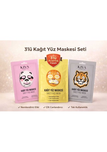 3 Lü Kağıt Yüz Maskesi Seti Panda Kaplan Kedi Sheet Face Mask Cilt Bakım Maskesi