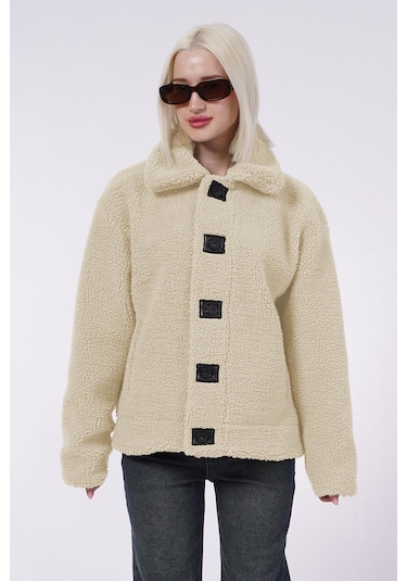 Madmext Bej Deri Detaylı Kadın Peluş Mont Mg2485 Bej