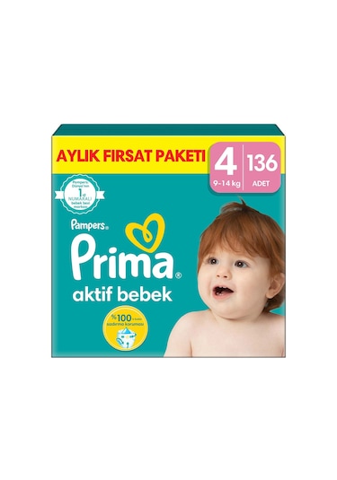 Prima Aktif Bebek 4 Beden Maxi Bebek Bezi Aylık Fırsat Paketi 136 Adet