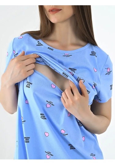 A Mamocka Kısa Kollu, Desenli Triko Gece Gömleği 111373954 Açık Mavi