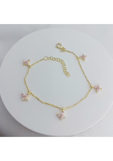 925 Ayar Gümüş Sallantılı Pembe Gold Kelebek Bileklik Altın