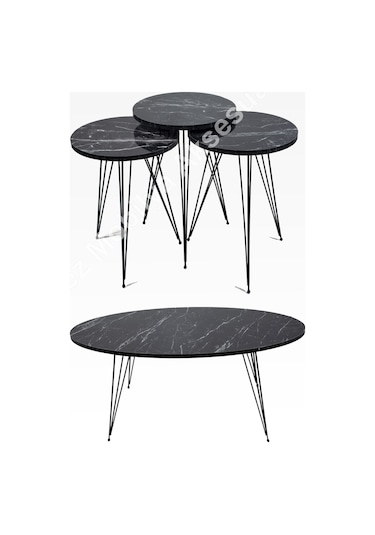 Orta Sehpa Ve Zigon Sehpa Büyük Set Tel Ayak Mermer Desen Elips