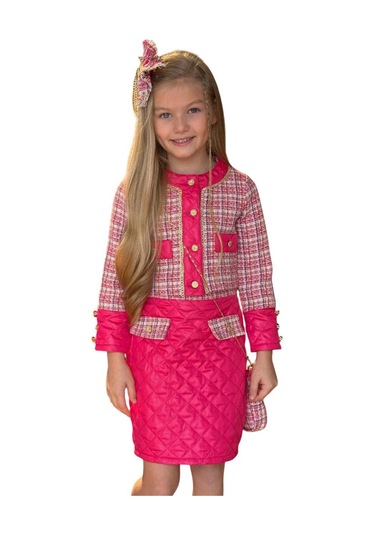 Riccotarz Kız Çocuk Kapitone Ve Altın Şerit Detaylı Şanel Fuşya Etekli Takım Fuşya