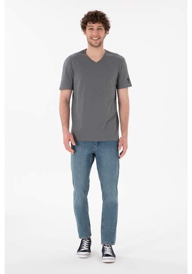 U.S. Polo Assn. Erkek Regular Fit  V Yaka Gri Basic Tişört 50305858-VR024