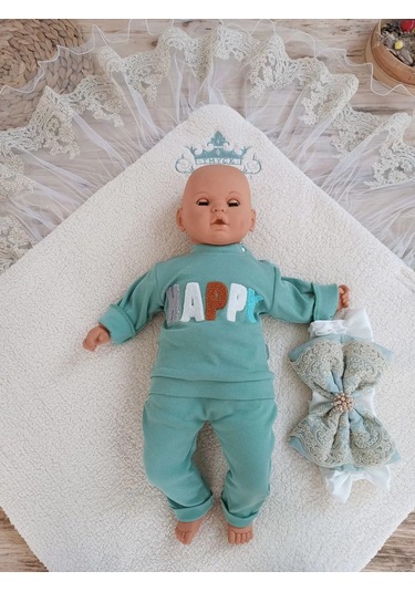 Yenidoğan Kuzulu Taç Nakış Güpürlü Fiyonklu Duvaklı Prizma Taş Unisex Kundak Bebek Battaniyesi Su Yeşili Çok Renkli