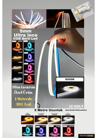 Ultra Ince 5mm. Kalınlık Cob Şerit Led 6000k Neon Gibi Yanar.