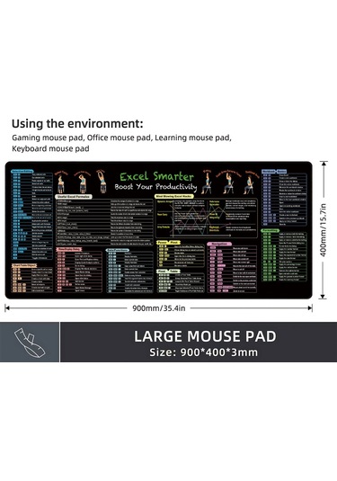 Excel Kısayolları Klavye Mouse Pad Büyük Kaymaz Ofis Masa Matı 11 Kısayol