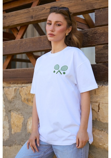 Velvoria Unisex Oversize Relaxed Tennis Baskılı Beyaz Renk T-shirt