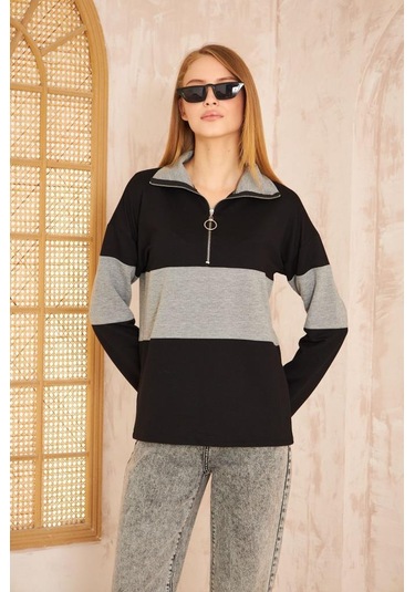 Kadın Uzun Kol Fermuarlı Polo Yaka Color Block Basic Salaş Sweatshirt Bluz 3471210 Siyah - Gri
