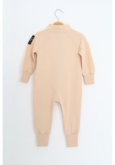 Toontoy Kids Toontoy Erkek Bebek Baskılı Dik Yaka Fermuarlı Reglan Kol Basic Tulum Bej